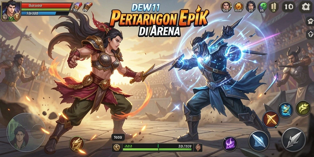 Screenshot utama DEWI11 menampilkan karakter bertarung dengan grafis menawan.